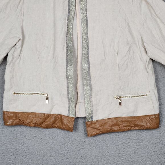 CHICOS Jacket Womens Size 2 US Large Beige Open Front 100% Linen Mandarin Collar - Picture 6 of 16